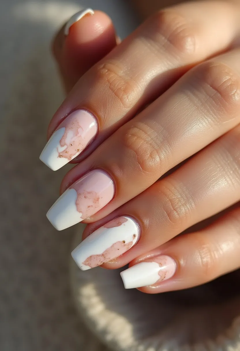 The nail design features a blend of soft, pastel pink and classic white colors, creating a serene and elegant palette. The nails are shaped into a modern, squared-off coffin style, offering a chic and sophisticated look. Intricate marbling patterns intertwine the pink and white, giving a fluid and artistic touch to the design. Tiny golden flecks are subtly embedded within the marbling, adding a hint of sparkle and luxury. This design appears to use gel treatment, ensuring a smooth and glossy finish. The overall look is versatile, suitable for various seasons or special occasions such as weddings or formal events.