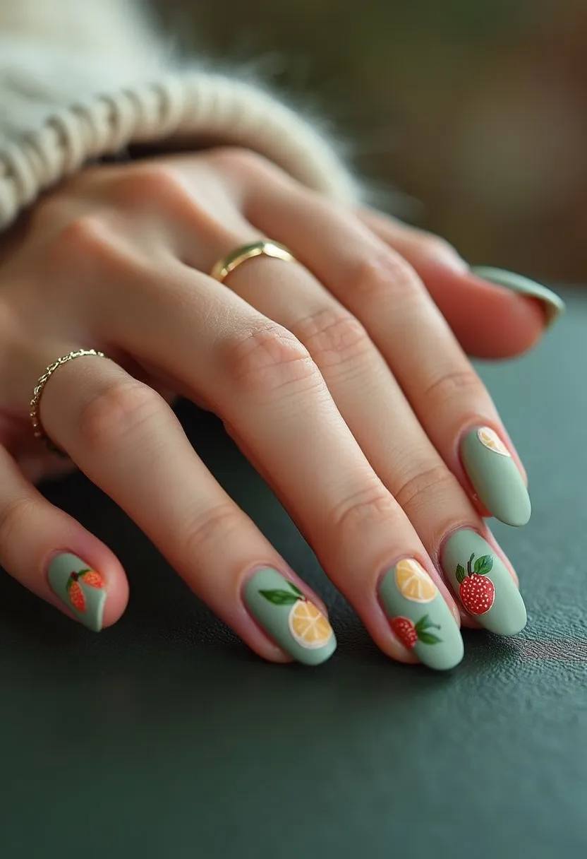 The nail design showcases a soft green color palette, which serves as the base coat on moderately long, almond-shaped nails. Each nail features intricate hand-painted fruit designs, including strawberries, orange slices, and lemon slices, adding a playful and vibrant touch. The detailed artwork emphasizes a fresh and seasonal theme, suitable for spring or summer occasions. The type of nail treatment appears to be gel, providing a smooth and glossy finish that enhances the intricate decorations. The overall look is modern and fun, ideal for someone looking to add a touch of nature-inspired charm to their style.