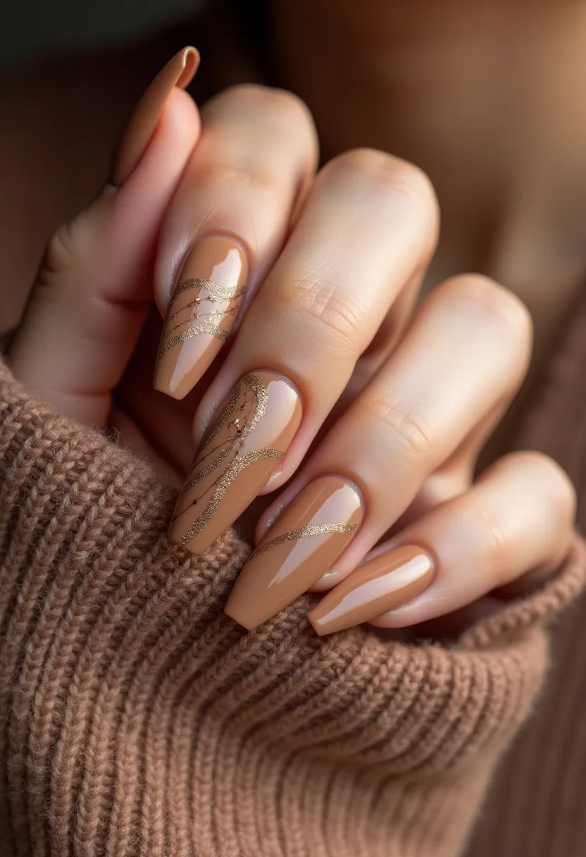 The nail design features a warm nude color palette, predominantly using a soft caramel tone. The nails are shaped in a medium to long coffin style, providing an elegant and contemporary look. Enhanced with intricate gold glitter accents, the designs include fine, wavy stripes across the nails, adding a touch of glamour and sophistication. The nails have a glossy finish, suggesting a gel treatment that ensures durability and shine. This design could be an excellent choice for autumn, complementing warm, cozy outfits and seasonal hues. The combined elements of simplicity and sparkle make it suitable for both everyday wear and special events during the fall season.