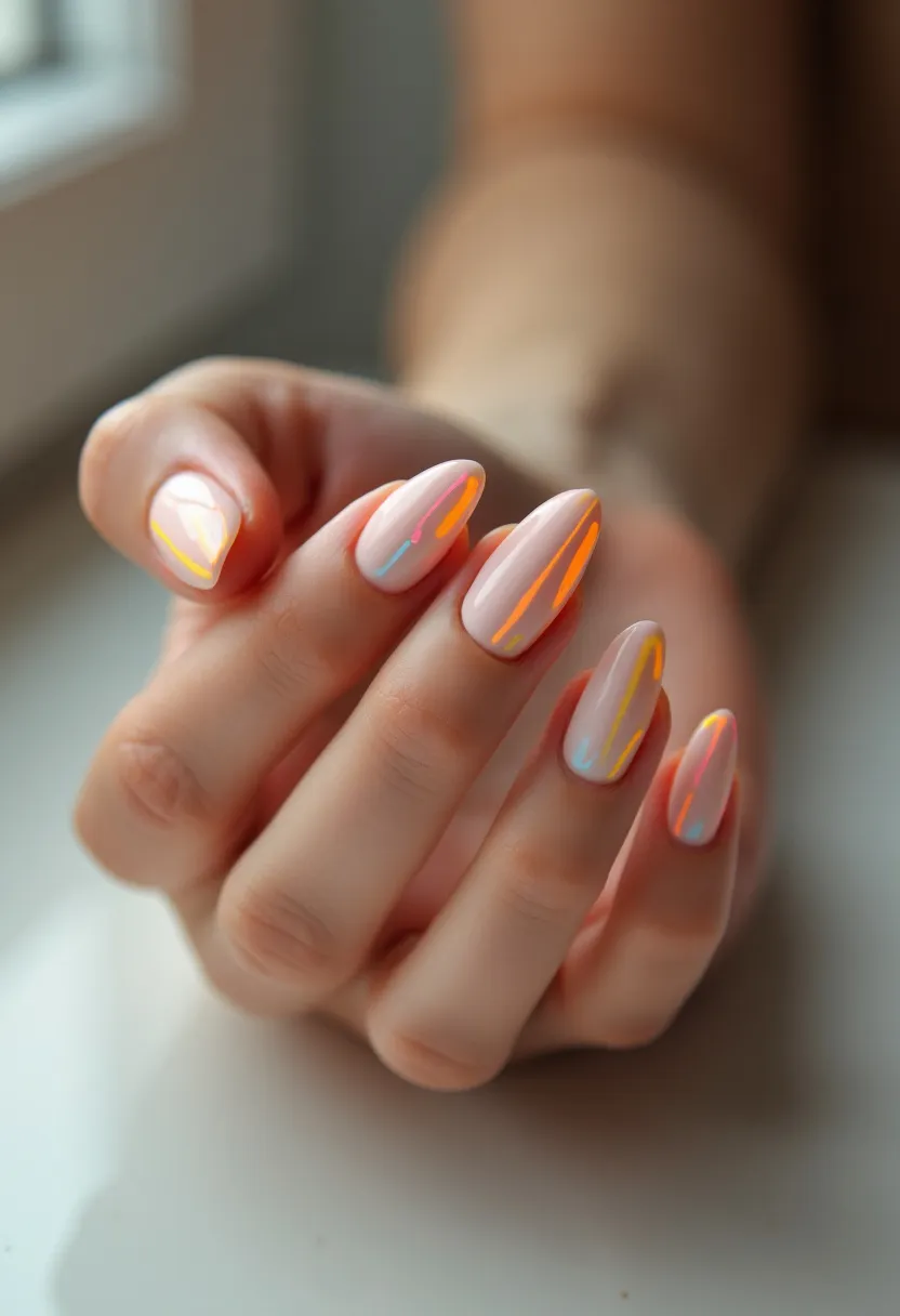 The nail design features a clean and sophisticated palette with a soft pink base color. The nails are almond-shaped, providing an elegant and elongating effect on the fingers. Intricate patterns adorn the nails, with neon-colored lines in orange, yellow, and blue adding a vibrant and playful touch. These lines vary in thickness and are strategically placed to create a modern and abstract artistic look. The nails have a glossy finish, indicative of a gel treatment which adds durability and a polished shine. The design is suitable for a summer theme or as a stylish choice for a special occasion, blending simplicity with a pop of color.