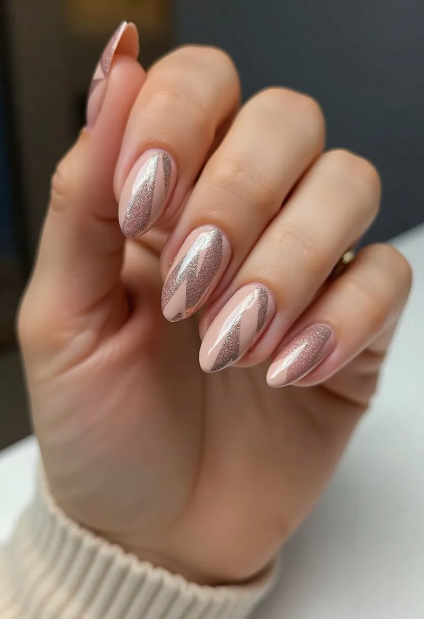 The nail design features a color palette that includes a soft nude base color complemented by rose gold glitter accents. The nails are shaped in an almond style, giving them an elegant and elongated look. The intricate pattern includes a modern, geometric design with diagonal sections of glitter that create a striking contrast against the nude background. The nails appear to be treated with gel polish, given their high gloss and smooth finish. The rose gold glitter adds a touch of sparkle, making this design suitable for a festive season or special occasion, such as a holiday party or a celebratory event, while still maintaining sophistication for everyday wear.