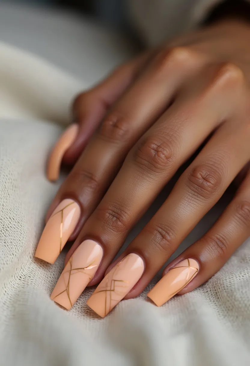 The nail design features a warm peach color palette, creating a soft yet elegant look. The nails are shaped in a square style with slightly rounded edges, adding a modern touch to the overall design. Intricate gold geometric lines are meticulously painted across the nails, forming a sophisticated and minimalistic pattern that enhances the peach base color. The nail treatment appears to be gel, given the glossy finish and smooth application. This design with its delicate hues and minimalist gold lines is versatile, suitable for both everyday wear and special occasions, such as weddings or formal events.