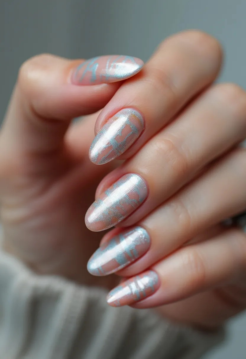 The nail design features a sophisticated and elegant color palette dominated by fine silver with reflective sheen that gives it a metallic look. The nails are shaped into a fashionable almond style, which adds a touch of elongation to the fingers. The nails are adorned with intricate patterns consisting of thin, wavy, sky blue lines that create a delicate contrast against the silver base. This design appears to be created using gel polish, known for its durability and glossy finish. The cool-toned colors and the subtle yet intricate pattern give the design a winter or celebratory theme, making it suitable for special occasions or festive events. The reflective properties of the silver base add a touch of glamour and sophistication to the overall look.