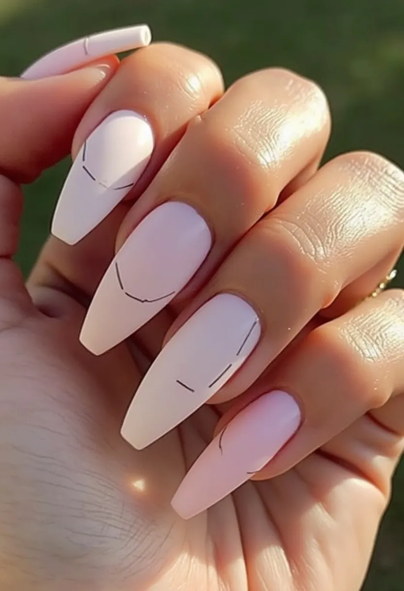 The nail design features an elegant and minimalist look with a soft pastel pink color palette, applied using gel treatment for a smooth and durable finish. The nails are shaped in a long, tapered coffin style, giving them a sophisticated and modern appearance. The decoration includes fine, black line accents that are delicately drawn on each nail, creating a simple yet stylish aesthetic. This design is perfect for a chic everyday look or a subtle, yet polished appearance for any special occasion. The overall theme of the nails is understated elegance, suitable for any season.