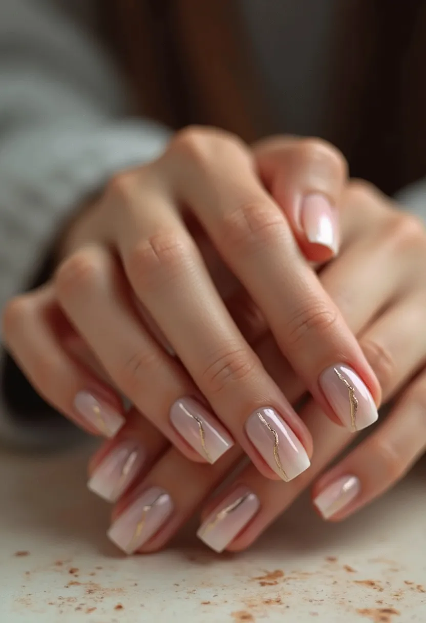 The nail design features a soft, pastel color palette predominantly showcasing shades of pale pink and white, styled in a gradient or ombre fashion. The nails are square-shaped with a glossy finish, suggesting they are treated with gel polish. A delicate, thin gold line runs diagonally across each nail, adding an elegant and intricate decorative touch. This understated and classy design is suitable for various occasions, including weddings, formal events, or as a sophisticated everyday look. The design does not exhibit any strong seasonal themes, making it versatile for year-round wear.