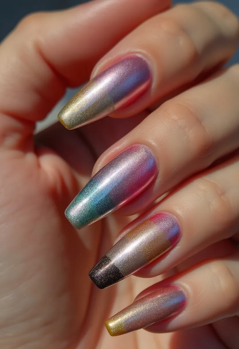 The nail design features a vibrant color palette with a metallic, ombre effect that transitions through various hues, including gold, blue, purple, red, and green. The nails are long with a tapered square shape, also known as ballerina or coffin shape. There are no intricate patterns or decorations beyond the shimmering gradient that gives a subtle, yet striking, multi-chromatic appearance. The nail treatment appears to be a type of gel polish, given the smooth, glossy finish and durability of the color transitions. This design is versatile and eye-catching, making it suitable for any special occasion or adding a bit of festive flair suitable for seasonal celebrations.