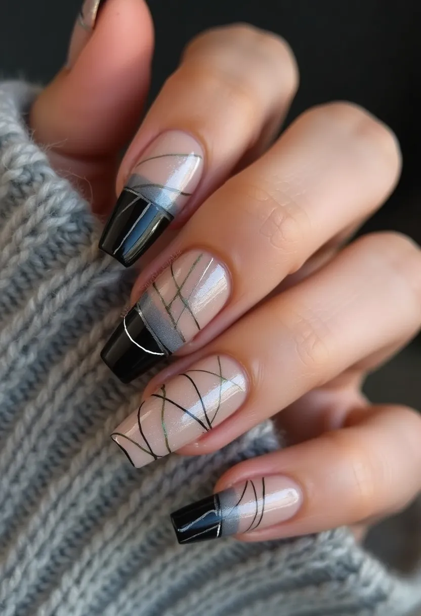 The nail design features a sophisticated color palette of nude, black, and silver. The nails are long and square-shaped, showcasing an intricate combination of modern and geometric patterns. The nails appear to be treated with gel polish, giving them a glossy and durable finish. Each nail has a unique design; some feature a matte black French tip adorned with thin silver lines, while others display a blend of diagonal and vertical black and green lines crisscrossing a nude base. The design has a sleek and elegant look, making it suitable for a chic, contemporary theme or a special occasion such as a formal event or New Year's celebration.