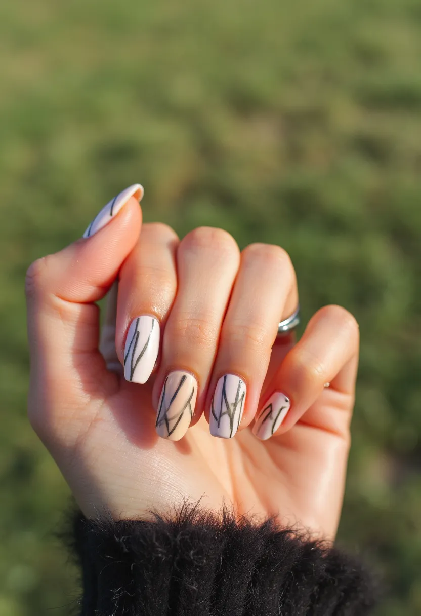 The nail design features a neutral color palette with a creamy beige base coat, complemented by abstract black line patterns that vary in width and direction. The nails are medium-length and have an almond shape, lending a sophisticated appearance. The intricate patterns suggest a delicate freehand design rather than any prefabricated stickers. The glossy finish indicates a possible gel or shellac treatment, enhancing the durability and shine. The abstract, nature-inspired lines evoke a minimalist, modern aesthetic that is versatile for any season, making it suitable for both casual outings and more formal events.