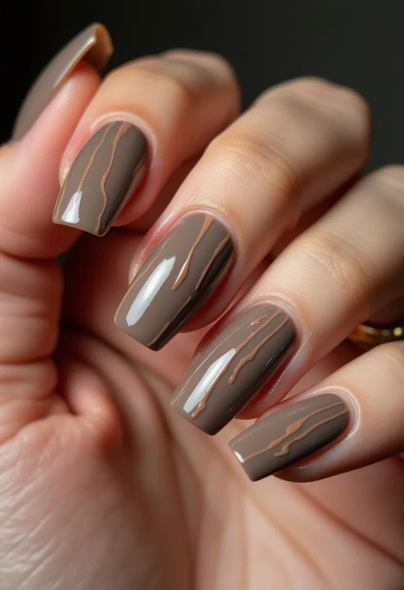 The nail design features a sophisticated color palette of earthy taupe as the base color, creating a neutral and elegant look. The nails are distinctly shaped in a square or squoval form, providing a modern and clean appearance. Accentuating this design are intricate, thin, rust-colored patterns that resemble subtle drips or veins, enhancing the visual interest and adding a touch of artistic flair. The finish appears to be a high-gloss gel treatment, contributing to the sleek and polished final look. This design choice might be fitting well for the autumn season, with its muted tones and warm accents, or it could be ideal for a formal event requiring a refined yet understated aesthetic.