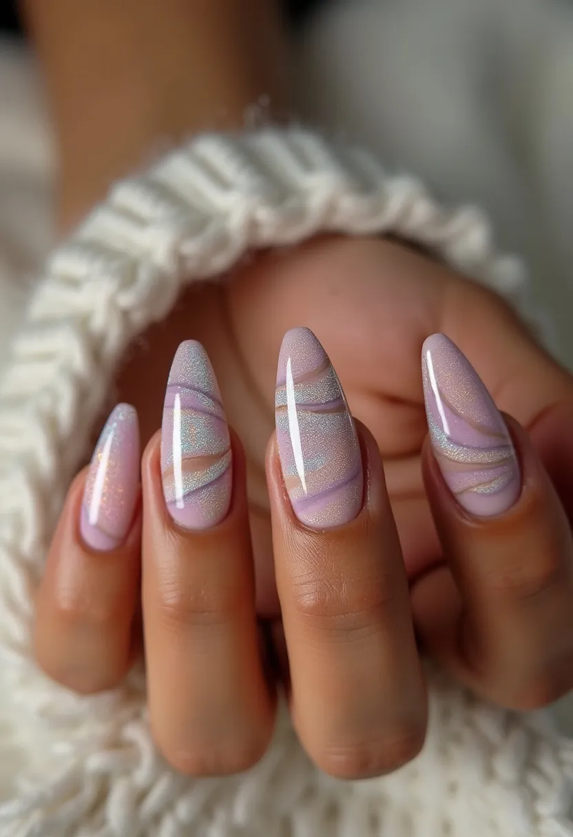 The nail design features an elegant, elongated almond shape with a stunning blend of colors in a pastel palette, primarily showcasing soft pinks, purples, and subtle hints of glittering silver. The nails appear to have a glossy finish, indicative of a gel or shellac treatment, ensuring longevity and shine. Intricate swirling patterns are applied across each nail, creating a dreamy, ethereal effect reminiscent of a winter wonderland or a fanciful galaxy theme, suitable for seasonal celebrations or special occasions. The use of fine glitter imparts a touch of sparkle that adds to the overall sophisticated and festive appearance.