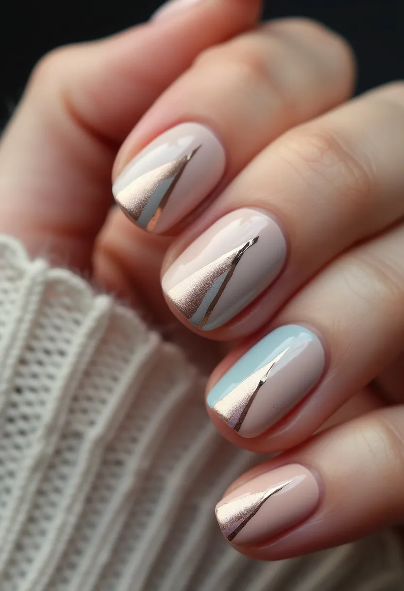 The nail design showcases a sophisticated and minimalist aesthetic, featuring a palette of soft pastel hues including a blush pink and a light blue shade. The nails are medium length and shaped with rounded tips, creating a naturally elegant look. Each nail is adorned with a sleek, metallic gold diagonal stripe that adds a touch of glamour and modernity. The stripes are precisely placed to taper towards the center of the nail, creating a subtle yet striking visual effect. The overall finish appears glossy, possibly indicative of a gel or shellac treatment, enhancing the shine and durability of the design. This nail art could be suitable for a variety of occasions, from everyday wear to special events, and may also align with a spring or summer theme due to the light and fresh color choices.