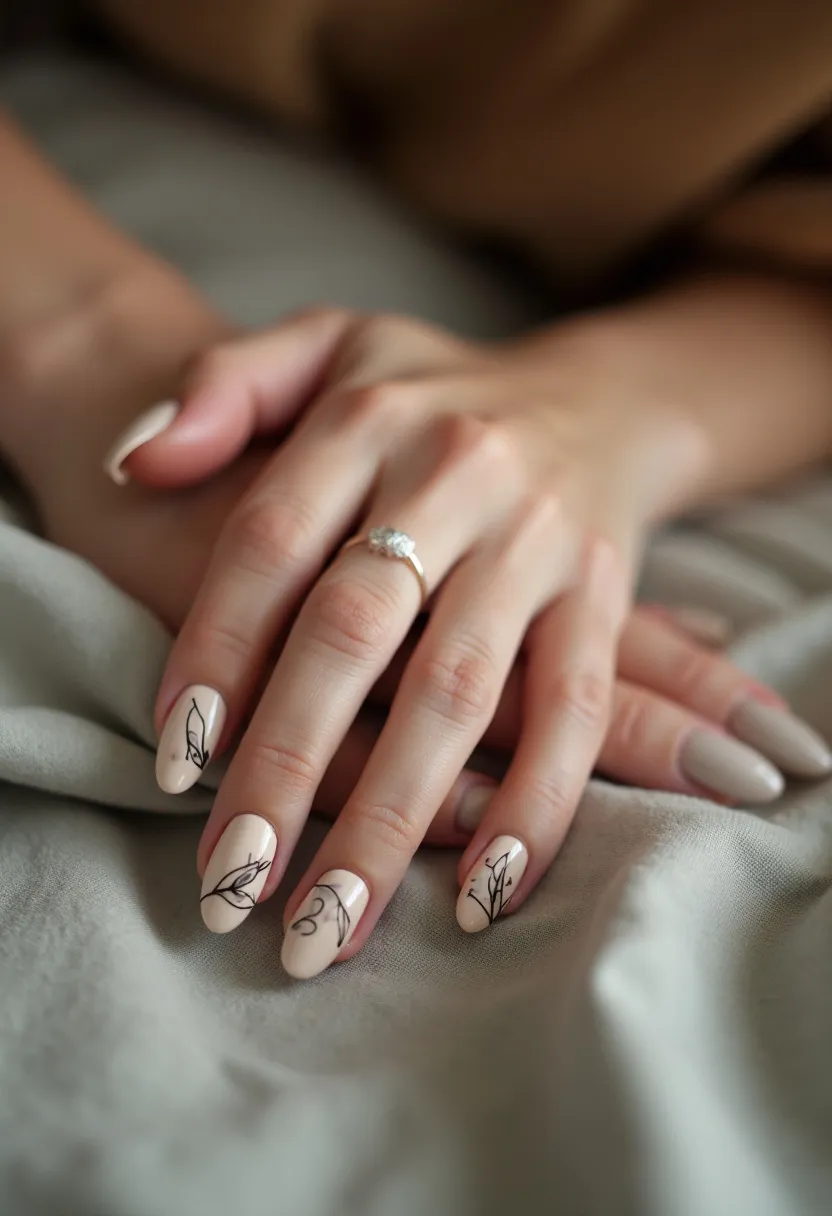 The nail design features a neutral color palette with a soft nude base. The nails are almond-shaped, providing an elegant and refined look to the overall design. Intricate black line art depicting delicate botanical patterns is skillfully painted on several nails, adding a touch of sophistication and artistry. The nail treatment appears to be gel polish, providing a glossy and durable finish. Unique details include the minimalist floral designs, which may be suitable for a spring or nature-inspired theme or special occasion like a wedding or engagement, highlighting the overall feminine and chic aesthetic.