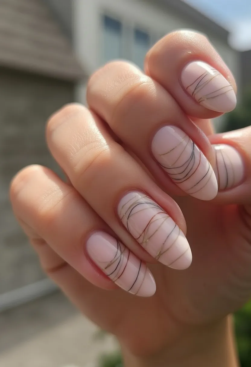 The nail design features a delicate and elegant color palette dominated by a soft, pale pink base. The nails are shaped in a rounded almond style, giving a sleek and feminine look. Intricate fine lines, in contrasting colors like black and gold, are artistically drawn across the nails in a wave-like pattern, adding a sophisticated and modern touch to the design. The nails appear to have a glossy finish, suggestive of a gel treatment, enhancing their shine and longevity. This subtle yet stylish design makes it versatile for various occasions, notably suitable for sophisticated events and possibly evoking a light and airy feel appropriate for spring or summer seasons.