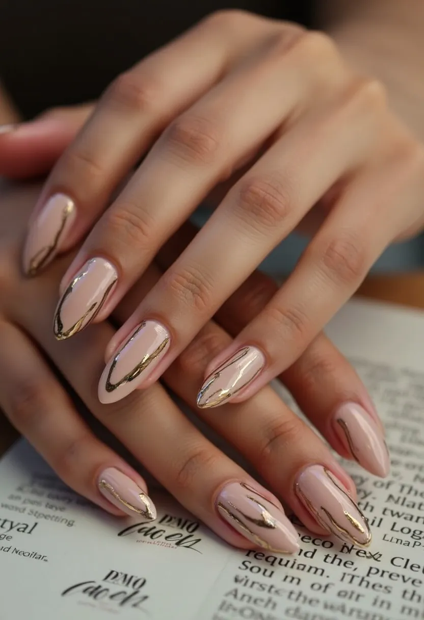 The nail design features a soft, neutral palette with a base color of pale pink gel polish. The nails are sculpted into a stiletto shape, providing an elongated and elegant appearance. Each nail is adorned with intricate gold foil accents, which are meticulously applied in abstract, freeform patterns that enhance the luxurious look of the design. This polished and sophisticated aesthetic is suitable for special occasions, adding a touch of glamour and refinement. The meticulous detailing and combination of pink and gold make the design perfect for a festive or holiday season.