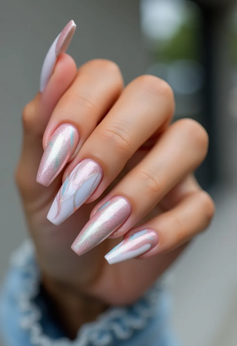 The nail design showcases a sophisticated color palette with shimmering pink and white tones, enhanced by iridescent highlights. The nails are long and shaped into a tapered square (coffin) style, giving a sleek and elegant appearance. Intricate patterns of marbling and delicate gold outlining add a touch of artistic flair, elevating the overall aesthetic. The design appears to be created with gel polish, known for its glossy finish and durability. This nail art exudes a luxurious feel, making it suitable for special occasions such as weddings or formal events, while the shimmering elements and refined patterns also lend themselves well to seasonal themes, particularly winter or festive celebrations.