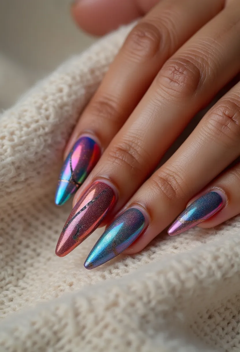 The nail design showcases a vibrant color palette primarily consisting of iridescent shades of blue, pink, and purple. The nails are long and shaped into a sharp stiletto style, exuding a bold and glamorous look. There are intricate metallic patterns or decorations, possibly resembling delicate lines or abstract designs, adding an artistic flair. The finish appears to be a gel treatment, providing a high-gloss, durable shine that accentuates the reflective quality of the colors. This design is uniquely detailed, suggesting a modern and fashionable aesthetic, perfect for special occasions or a stylish night out.