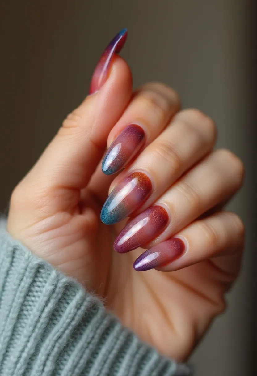 The nail design features a stunning gradient color palette transitioning from deep magenta to vibrant blue, giving an ombre effect. The nails are shaped into long, elegant almonds, enhancing their sophisticated appearance. Subtle shimmery holographic patterns add a layer of complexity and shine to the nails, reflecting light beautifully. The finish suggests a gel treatment, providing a glossy and smooth surface that accentuates the colors and patterns. This nail design, with its rich hues and eye-catching shimmer, could be suitable for both festive occasions and chic everyday wear, embodying a blend of elegance and modern artistry.