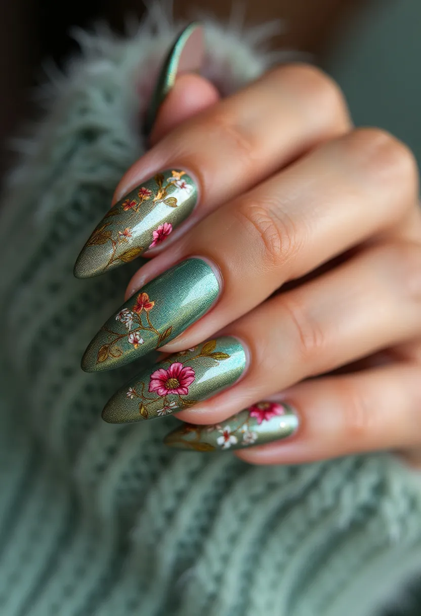 The nail design features an almond-shaped nail contour with a shimmering, metallic green base color. Each nail showcases intricate floral patterns, incorporating shades of pink, white, and orange for the flowers, and green and brown hues for the leaves and stems. The design appears to be detailed and precise, likely applied using either gel or acrylic treatments to achieve a high-gloss, durable finish. The floral theme suggests a seasonal inspiration, possibly spring or summer, making it suitable for occasions that call for a fresh, blossoming aesthetic. The nails reflect a meticulous and artistic approach to nail art.