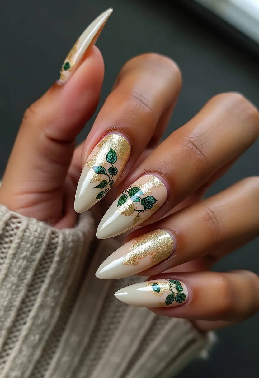 The nail design features long, almond-shaped nails with a sophisticated and elegant color palette that includes shades of ivory and gold. These nails are adorned with intricate green leafy patterns, which are delicately placed to enhance the overall aesthetic. The addition of gold foil accents gives the nails a luxurious and festive look, suitable for special occasions or seasonal celebrations such as the holidays or a wedding. The treatment appears to be a gel manicure, providing a smooth and glossy finish that enhances the overall durability and shine. The combination of the elegant colors, detailed leaf decorations, and gold accents creates a cohesive and stylish design that is both eye-catching and refined.