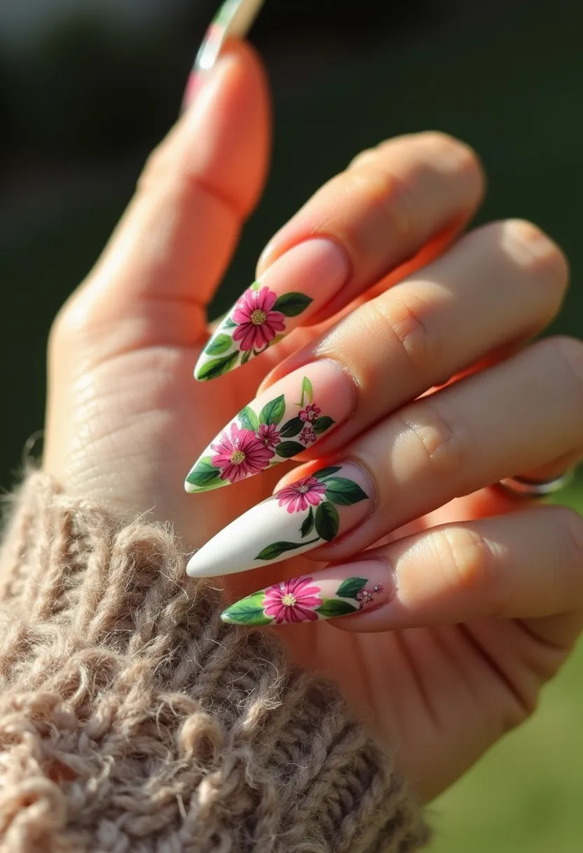 The nail design showcased features a sophisticated palette of soft nude pink and crisp white, complemented with vibrant green leaves and striking pink flowers, perfect for a spring or summer theme. The nails are shaped in an elegant stiletto form, enhancing the length and sharpness of the design. The intricate floral patterns, with their careful detailing and vivid colors, create a fresh and lively look, making each nail a small canvas of botanical art. The artwork looks meticulously hand-painted, possibly using gel for a glossy and long-lasting finish. One nail includes a subtle accent of small silver embellishments, adding a hint of sparkle without overpowering the delicate floral theme. This nail design is ideal for someone looking to celebrate the beauty of nature with a touch of elegance and sophistication.