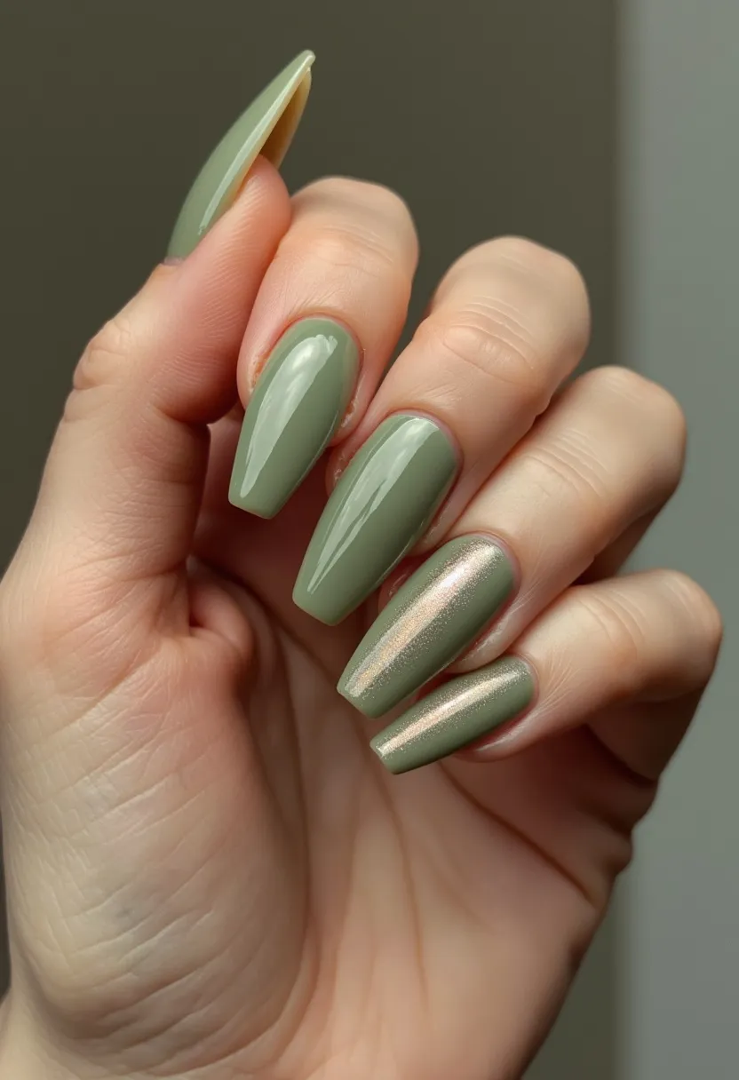 The nail design features a sophisticated color palette centered around a muted sage green. The nails are long and shaped into a tapered coffin style, providing an elegant, elongated effect. Each nail displays a smooth, glossy finish, indicative of either a gel or shellac treatment. One accent nail on each hand stands out with a reflective, metallic sheen that catches the light, adding a touch of glamour to the overall look. This design, with its subdued earth tones and shimmer, is versatile and can complement both casual attire and more formal occasions, making it suitable for multiple seasons and events.