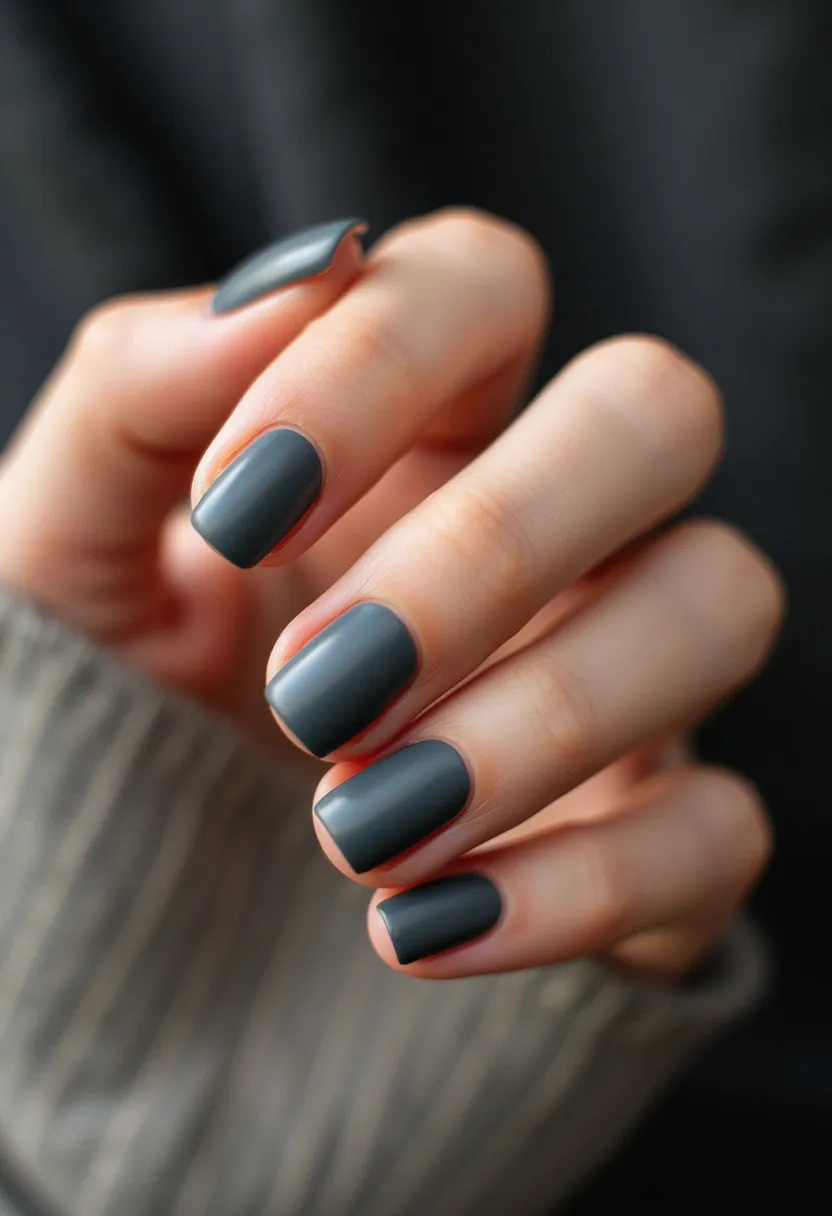 The nail design features a matte finish in a solid, dark gray color palette. The nails are medium-length with a neatly rounded square shape, giving them a modern and chic appearance. There are no additional intricate patterns or decorations, keeping the look minimalistic and sophisticated. This type of nail treatment could likely be a gel manicure, known for its durability and smooth, polished finish. The understated elegance of the design helps it transition seamlessly across different seasons and occasions, making it versatile for both casual and formal settings.