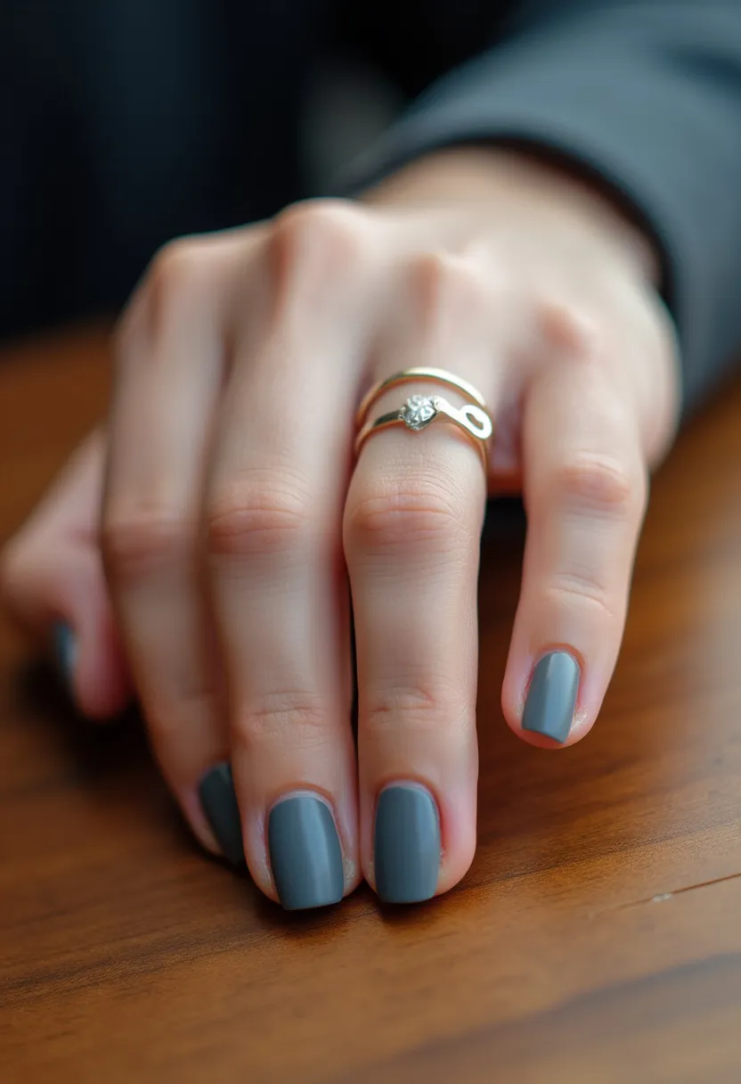 The nail design features a solid, muted gray color palette on short, rounded-square shaped nails. The finish appears smooth and may be gel polish, given its glossy and even appearance. There are no intricate patterns or decorations present, keeping the design elegant and understated. This simple yet stylish look is versatile and suitable for any season or casual occasions. The choice of color and shape suggests a preference for understated, yet modern elegance.