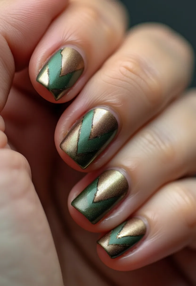 The nail design features a striking palette of metallic gold and a deep, rich green. The nails have a short, square shape. Each nail showcases a chevron pattern where the two colors alternate to create a visually appealing zigzag effect. The metallic nature of the gold adds a reflective quality, providing a glamorous sheen. This design likely involves a type of nail treatment that ensures durability and shine, such as gel polish. The intricate and bold design, coupled with the metallic finish, suggests a sophisticated look suitable for the autumn season or festive occasions, where earthy and luxurious tones are often appreciated.