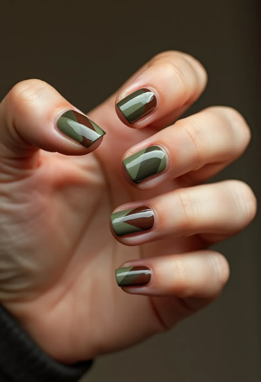 The nail design features a geometric abstract pattern, utilizing a muted and earthy color palette that includes shades of deep green and brown. The nails are short and square-shaped, giving a modern and understated look. The intricate design consists of diagonal sections of varying widths, creating a visually appealing contrast and adding depth to the overall aesthetic. The glossy finish suggests a gel or shellac treatment, which enhances the vibrant colors and provides a durable shine. This nail design is sophisticated and could be suitable for the autumn season given its earthy tones, making it perfect for both casual and formal occasions.