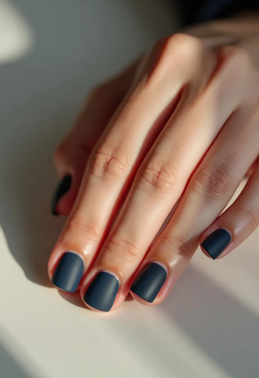 The nails feature a striking matte navy blue color palette that gives a sophisticated and modern look. The nails are kept short and filed into a soft square shape, offering a neat and polished appearance. The matte finish suggests that this is most likely a gel nail treatment, as gels are often used for vibrant and smooth finishes. There are no additional intricate patterns or decorations, allowing the bold color to stand out on its own. The dark blue shade and matte texture could be indicative of a design choice well-suited for colder seasons or formal events, embodying an understated elegance.