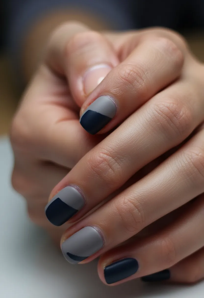 The nail design features a sophisticated, two-tone color palette of dark navy blue and light gray. The nails are of short to medium length and have a square shape. The design incorporates a modern, asymmetrical pattern where each nail showcases a base of light gray with an overlay of dark navy blue in a diagonal fashion, providing a striking contrast. The finish appears to be matte, likely achieved through a dip or gel treatment, giving the nails a sleek and smooth appearance. This design exudes a minimalist and chic aesthetic, suitable for winter or autumn seasons, and would be fitting for professional or casual settings. There are no additional embellishments or glitter, maintaining a clean and understated look.