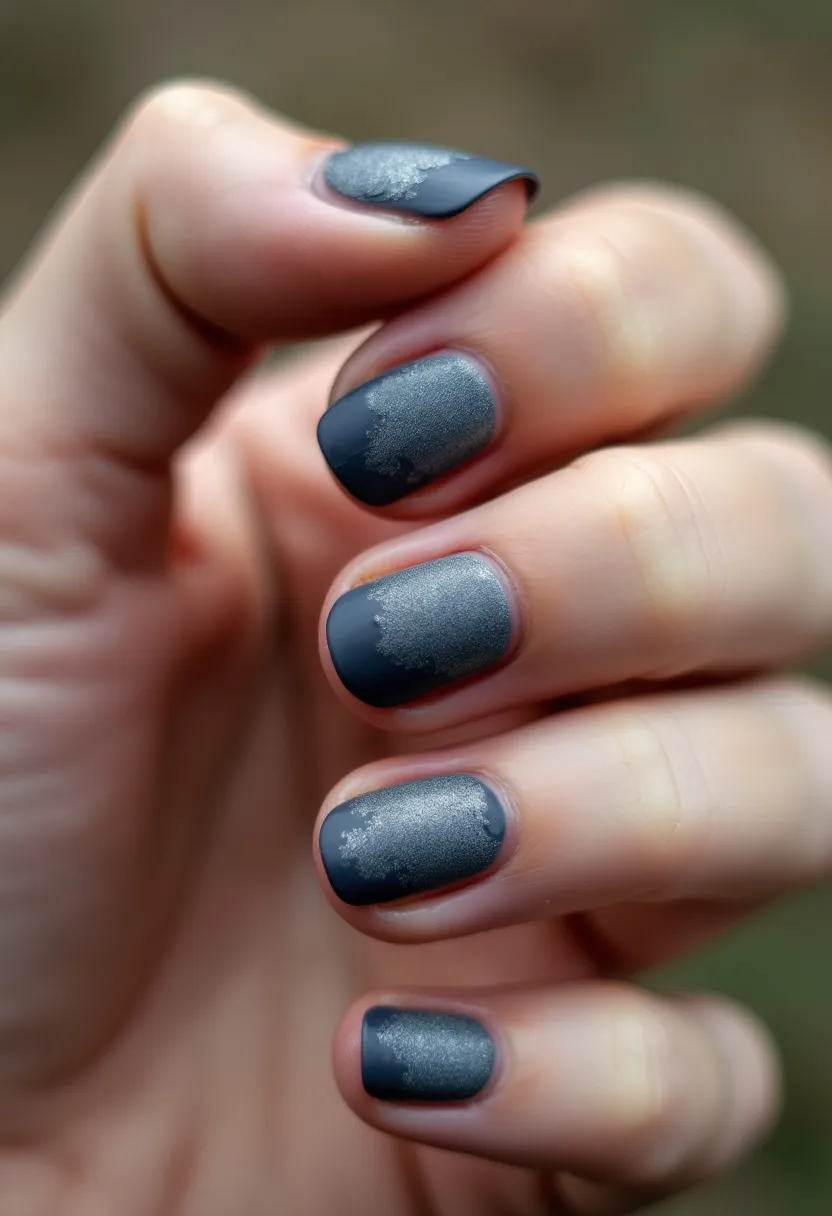 The nail design features a dual-tone color palette with a matte dark gray as the base followed by silver accents towards the cuticle area. The nails are short and square-shaped, providing a neat and modern look. The intricate pattern resembles a soft gradient or ombré effect with the silver blending subtly into the gray, adding a refined touch. The type of nail treatment appears to be a gel manicure, which is evident due to its smooth finish and durability. The choice of colors and the elegant gradient effect suggests a versatile design suitable for both casual and professional settings, hinting at a winter or festive theme due to the cool, metallic hues.