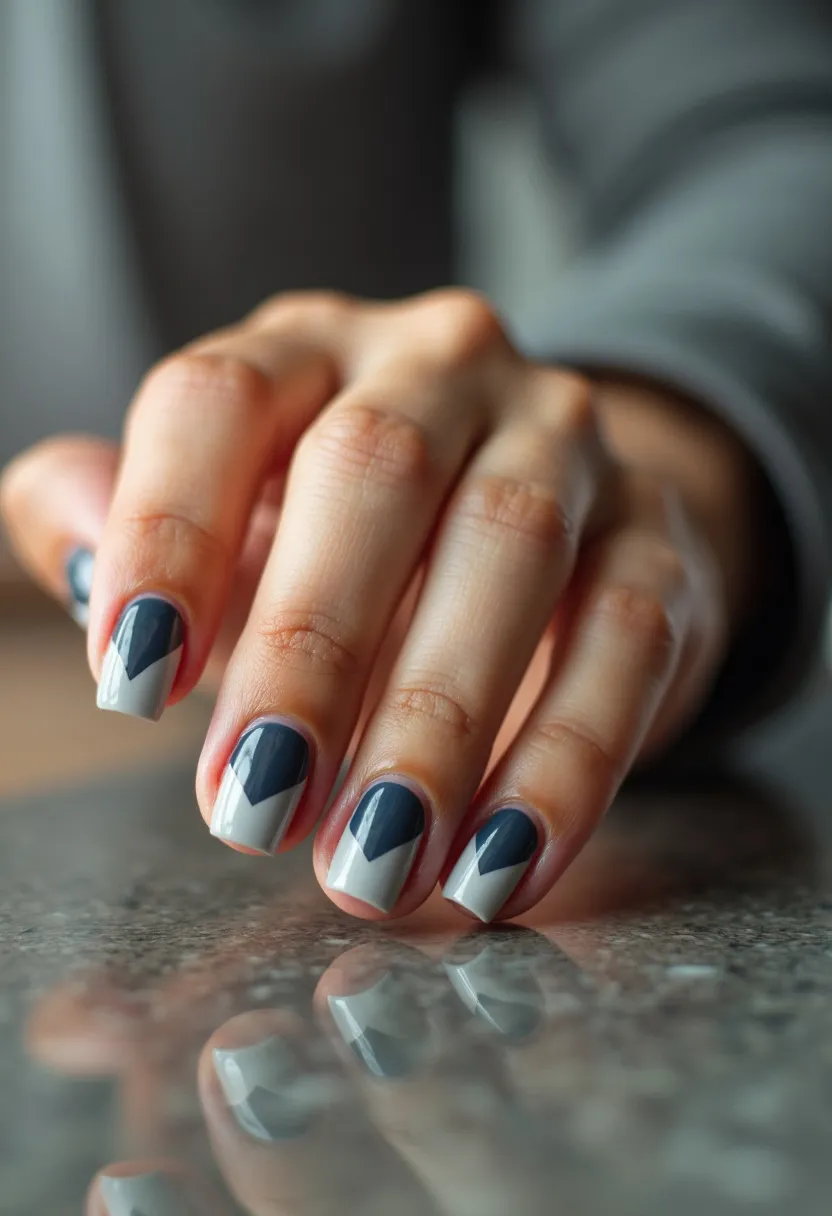 This nail design features a sophisticated geometric pattern with a chic, muted color palette. The nails are short and square-shaped, providing a modern and clean look. The design incorporates a combination of dark navy blue and a soft, light grey, creating a striking contrast. The pattern resembles a chevron or diagonal split, with the navy blue color covering the majority of the nail and the light grey forming a sharp triangular tip. The nails appear to have a glossy finish, suggesting a gel or shellac treatment for added durability and shine. This design's neutral yet bold colors and polished geometric lines make it suitable for both everyday wear and more formal occasions, transcending seasonal themes.