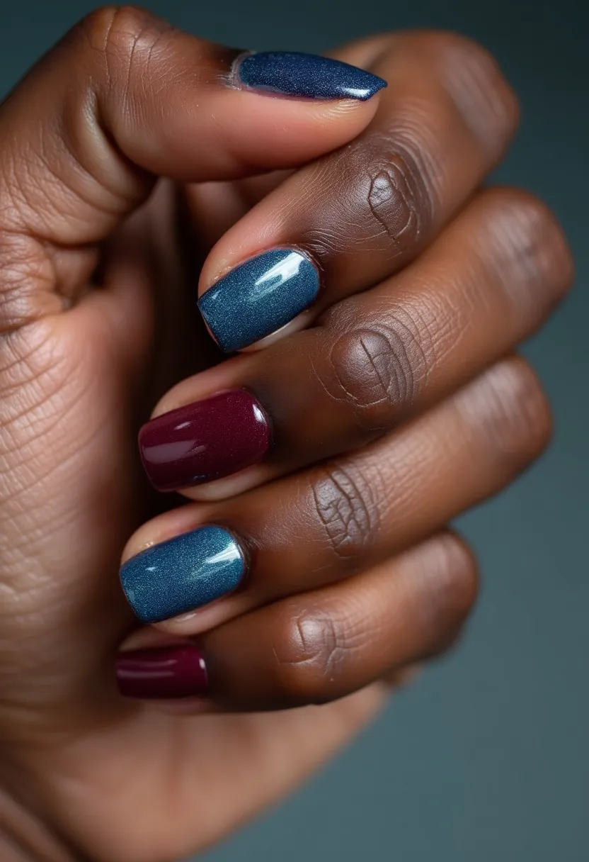 The nail design showcases a sophisticated color palette of shimmering dark blue and deep burgundy hues, alternating between nails. The nails are medium length and shaped into a sleek, squared-off tip, providing a modern and elegant appearance. The dark blue nails exhibit a metallic or glittery finish, while the burgundy nails are glossy and rich in tone. This suggests the use of a gel polish treatment, which provides a high-shine and long-lasting finish. The overall style is versatile, suitable for both everyday wear and special occasions, especially fitting for cooler seasons due to the darker color scheme. There are no additional intricate patterns or decorations, keeping the look elegant and understated.