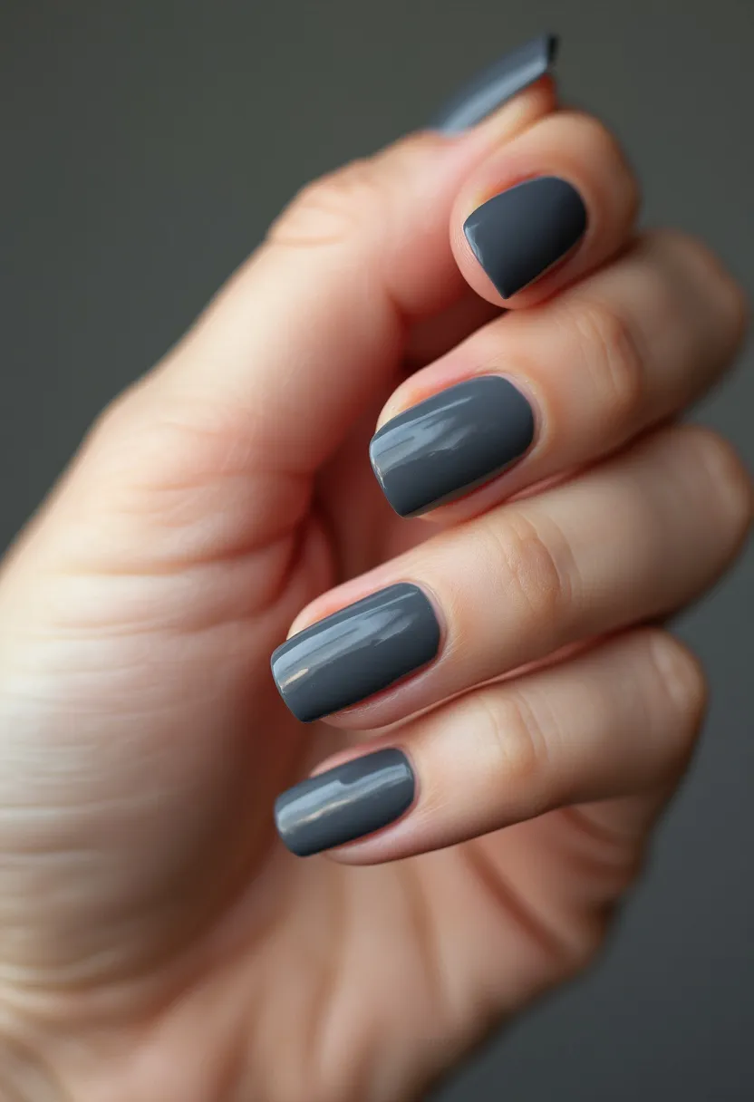 The nail design features a sleek and polished look with a classic, medium-length square shape. The color palette is a solid, elegant dark gray that offers a sophisticated and modern appeal. The nails have a glossy finish, indicating that the treatment is likely gel or shellac, providing a durable and shiny surface. The design lacks intricate patterns or decorations, focusing on the simplicity and elegance of the monochromatic dark gray shade. This understated yet chic look is versatile and appropriate for any season or occasion, whether professional or casual.