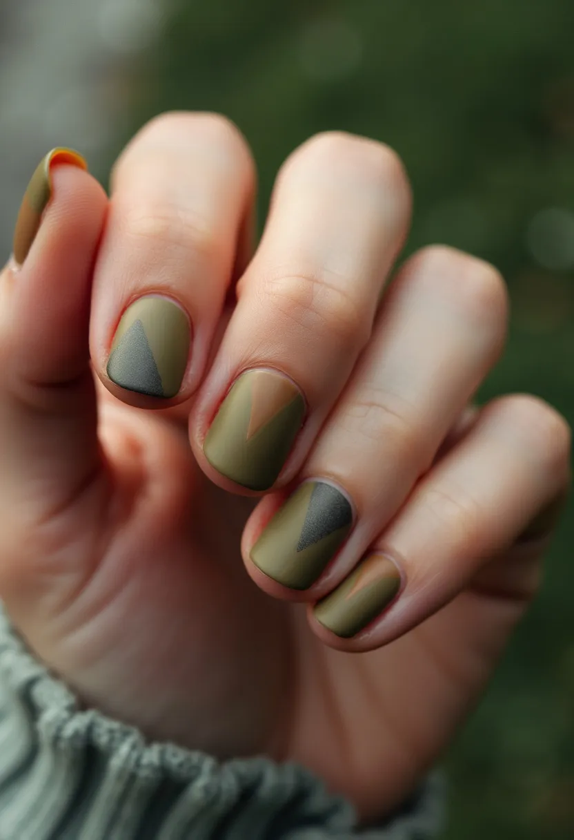 The nail design features a short, rounded shape with a sophisticated matte finish, likely achieved using a gel or acrylic treatment. The primary color palette consists of muted olive green as the base, highlighted by dark gray accents. Each nail showcases an intricate pattern of geometric triangles, adding a touch of modern elegance. The triangles are strategically placed near the tips and cuticles, creating a striking contrast against the olive background. This design, with its earthy tones and clean lines, evokes a seasonal autumnal theme, making it suitable for the fall season or special occasions like Thanksgiving. The matte texture further enhances the muted, understated elegance of the overall look.