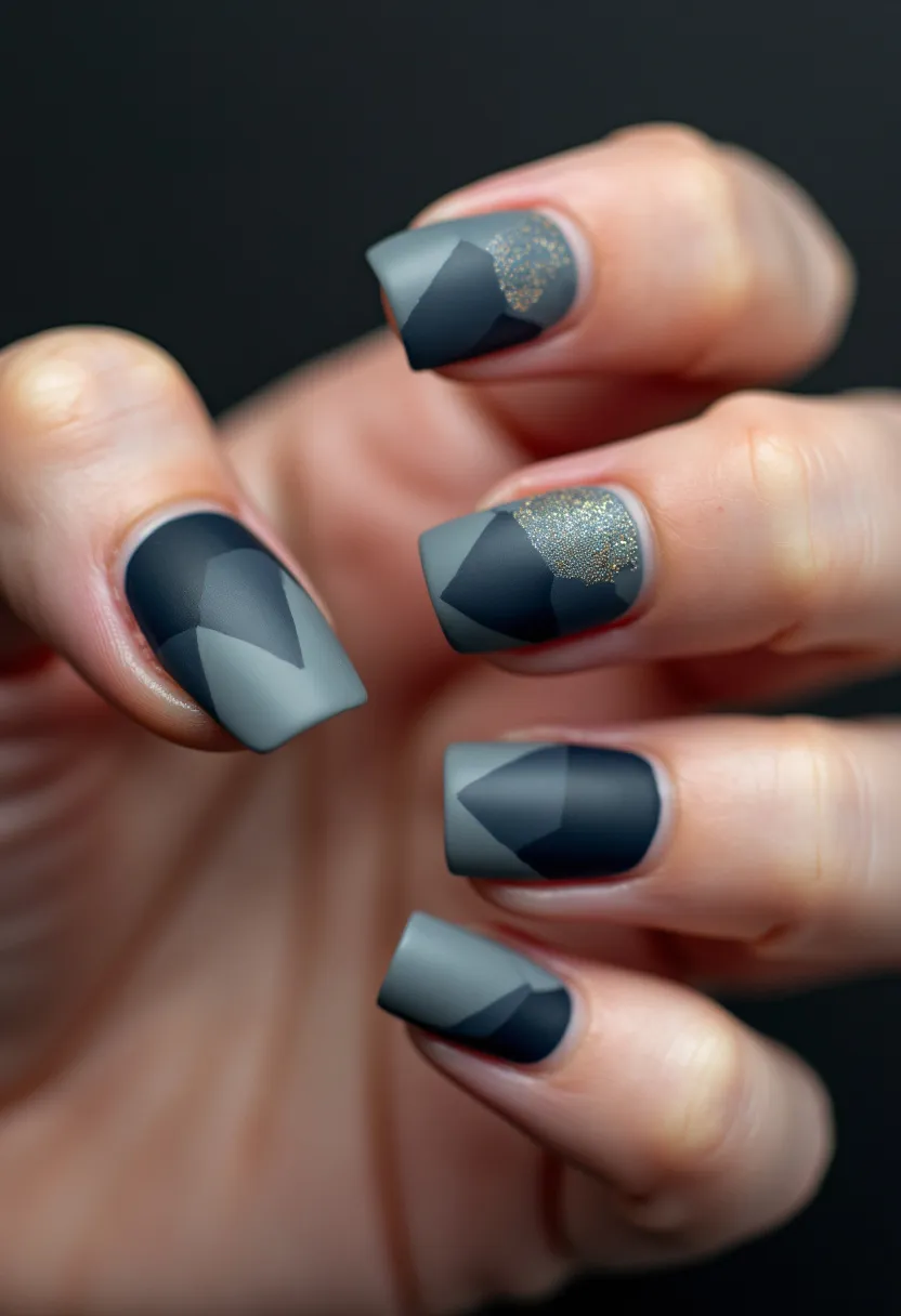 The nail design features a color palette primarily composed of matte dark gray and light gray shades with subtle touches of shimmering gold glitter on a couple of nails. The nails are medium length and sport a squared shape. Each nail showcases a modern, geometric pattern with overlapping triangles in the varying shades of gray, creating a visually striking, angular design. The incorporation of gold glitter adds a hint of sparkle, making the design suitable for a sophisticated and stylish look that could work well for formal events or special occasions. The nails appear to have a smooth, gel finish, enhancing their sleek and polished appearance.