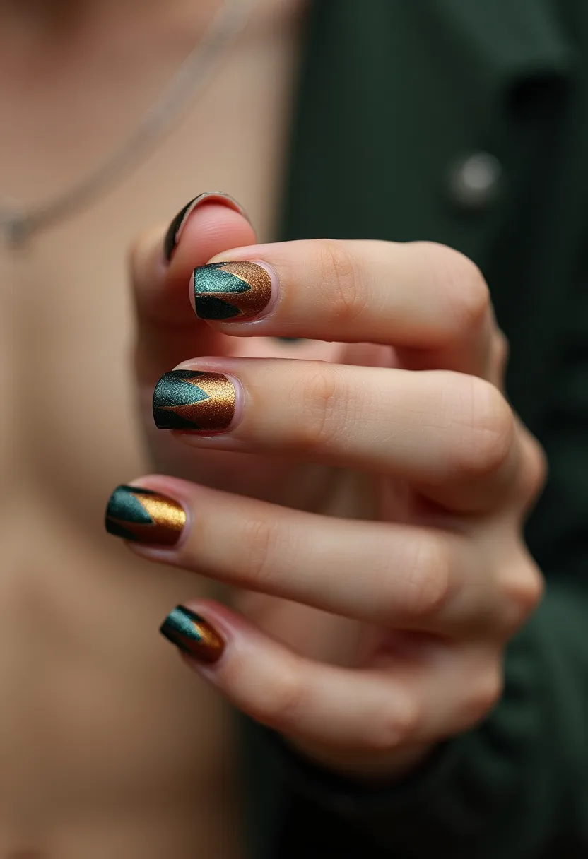 The nail design features a unique and sophisticated palette consisting of elegant green and metallic bronze hues. The nails are medium in length with a square shape, creating a modern and chic appearance. Each nail is adorned with intricate, triangular patterns that alternate between the green and bronze colors, forming a striking geometric design. The finish of the nails suggests a gel treatment, providing a smooth and glossy texture that enhances the vibrancy of the colors. This nail art exudes an autumnal theme, making it perfect for transitioning into fall or for special occasions that require a touch of elegance and creativity.