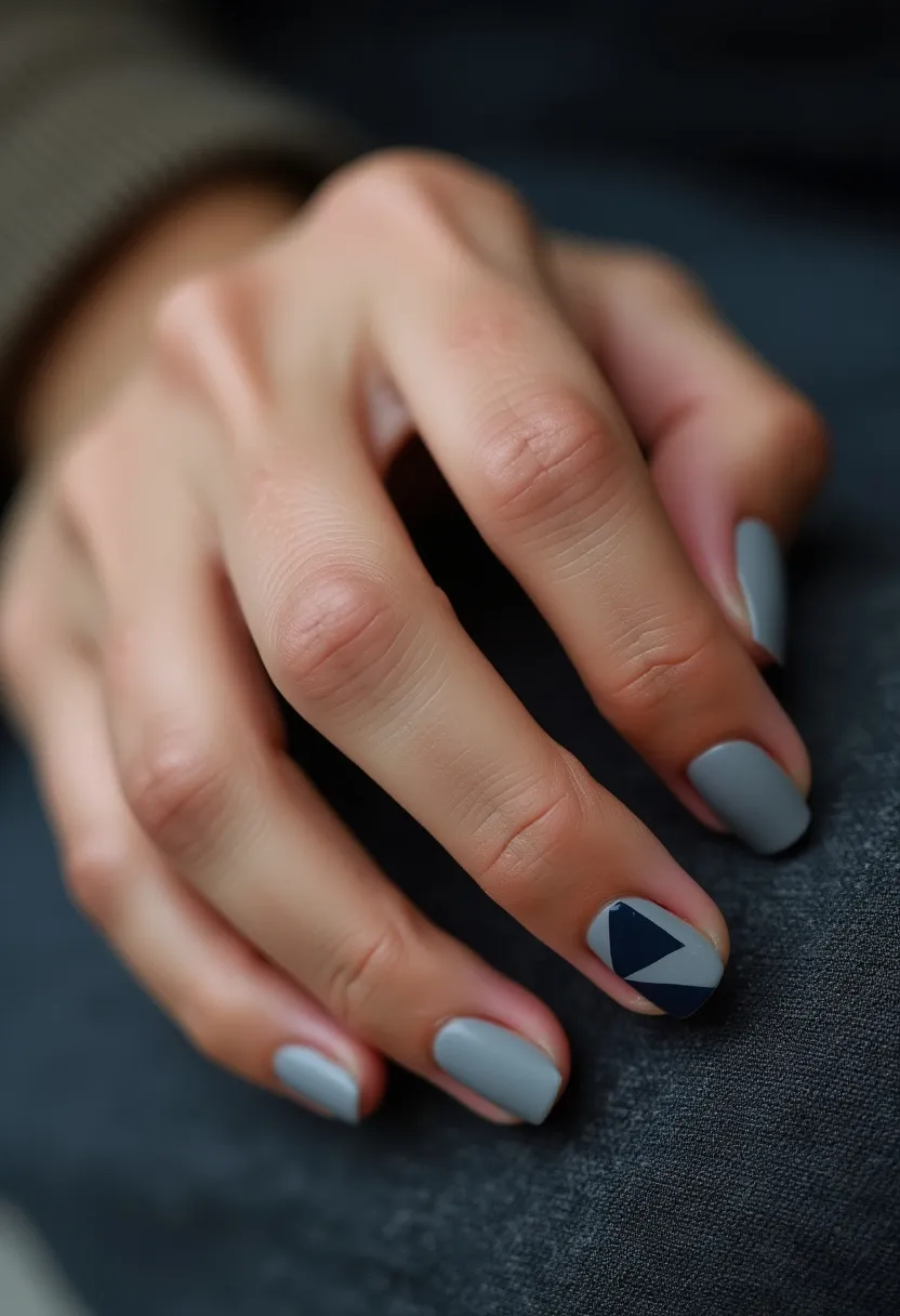 The nail design showcases a sophisticated color palette of muted gray and dark navy blue. The nails have a short, rounded shape, providing a natural and elegant look. On the ring finger, there is an intricate geometric pattern featuring a triangle in the dark navy blue color over the gray base, creating a striking contrast. The nails have a glossy finish, indicating a possible gel or shellac treatment, giving them a sleek and polished appearance. The design's minimalist yet trendy style makes it suitable for any season or occasion, from casual outings to formal events.