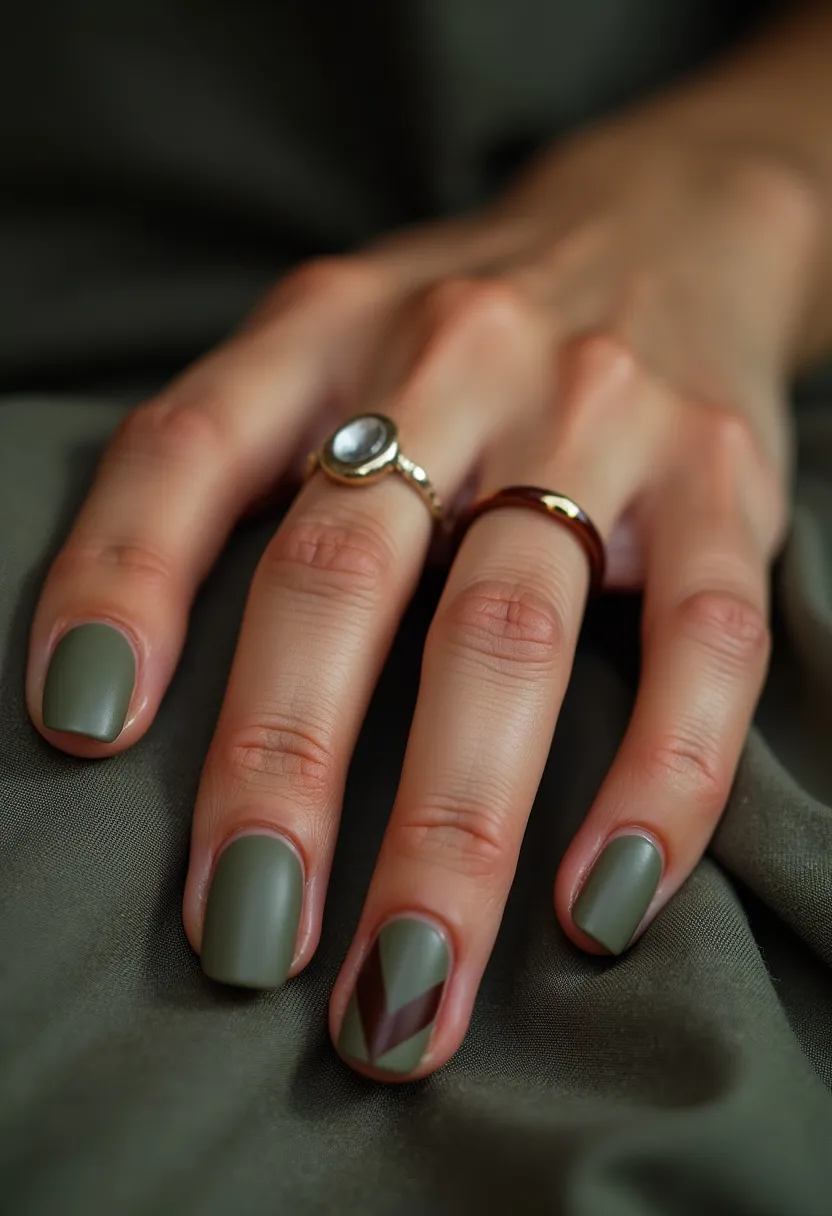 The nail design features a predominantly matte olive green color palette on short, neatly squared nails. Two of the nails have an intricate geometric pattern: one with angled stripes in different shades of brown, adding a touch of modern elegance to the overall look. The matte finish suggests the use of a gel or shellac treatment, ensuring the design's durability and a smooth, non-glossy finish. This design has an earthy and sophisticated essence, making it suitable for the fall season or a special event with a subtle, stylish vibe.