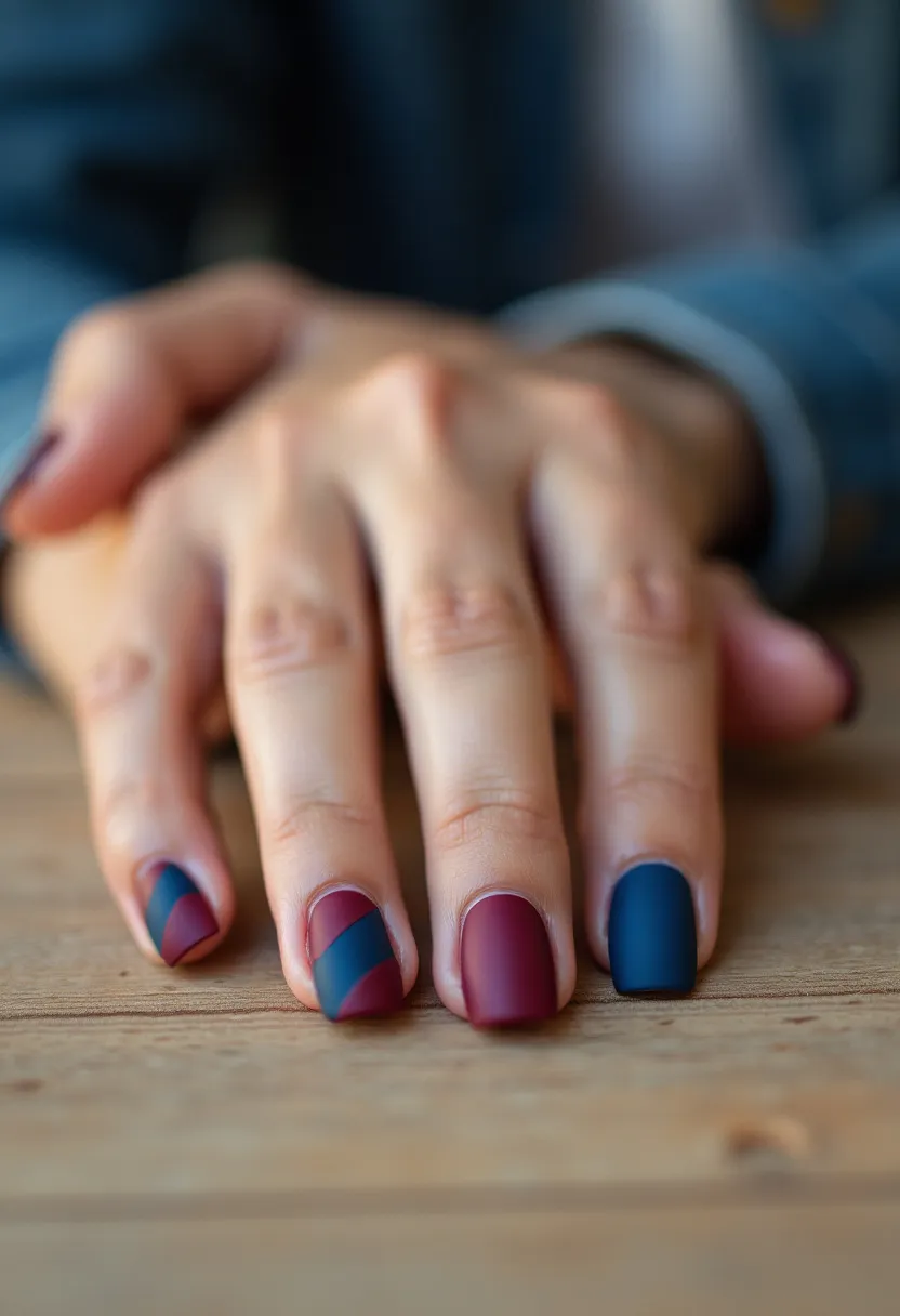 This nail design features a sophisticated color palette of deep burgundy and navy blue. The nails are shaped in a short to medium length with a gently rounded tip, providing a sleek and modern appearance. Intricate diagonal patterns adorn the index and ring fingers, creating a visually striking contrast between the two primary colors. The finish on the nails appears to be a matte gel treatment, enhancing the richness of the colors and adding a refined texture. This design is elegant and versatile, making it suitable for both autumn and winter seasons or special formal occasions. The meticulous attention to detail in the color blocking highlights the creativity and precision of the nail art.