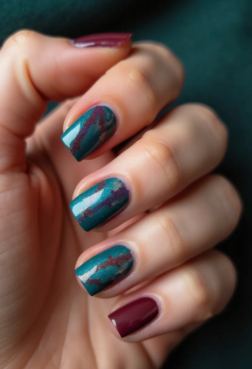 This nail design showcases a striking color palette featuring deep teal, shimmering gold, and a rich burgundy. The nails are short to medium length with a squared shape, adding a modern touch to the overall look. While the thumb and pinky nails are painted entirely in a glossy burgundy, the other nails display intricate patterns resembling abstract waves or marbled effects, blending teal, gold, and hints of dark plum. This design likely uses gel polish for its smooth and shiny finish. The combination of colors and the luxurious, shimmering patterns suggest a sophisticated and stylish look, suitable for the autumn season or festive events.