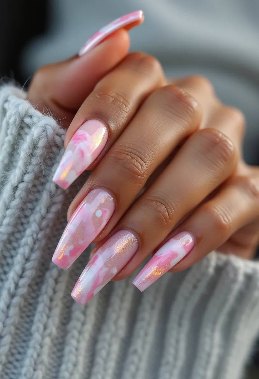 The nail design features long, coffin-shaped nails with a stunning and intricate pattern. The color palette includes soft pastel pinks blended with white, creating a marbled effect on some nails. There is also a subtle touch of iridescence or shimmer throughout the design, giving a luminous quality to the nails. The treatment used appears to be gel, providing a glossy and durable finish that complements the delicate and elegant aesthetic of the design. This nail art is suitable for a springtime look or a special occasion that calls for a sophisticated and stylish appearance.