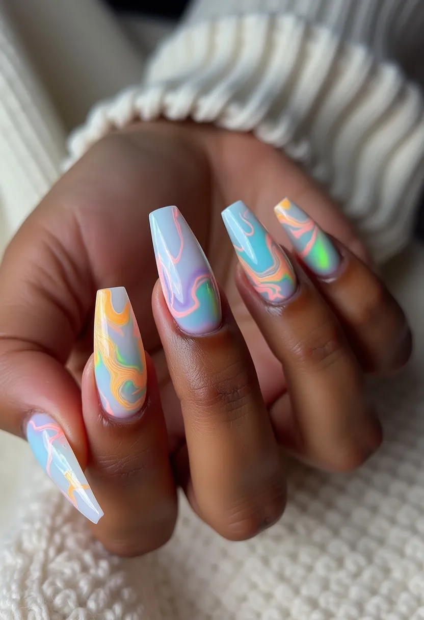 The nail design features a vibrant and playful color palette with a mix of pastels, including blue, pink, yellow, green, and hints of orange, creating a swirled marble effect. The nails are shaped into a long, tapered coffin style. Each nail showcases a unique pattern of swirling colors, creating a cohesive yet varied look. The glossy finish indicates the use of a gel nail treatment, providing a sleek and durable appearance. The overall design has a whimsical and joyful feel, making it suitable for a summer season or festive occasion, highlighting an artistic and trendy aesthetic.