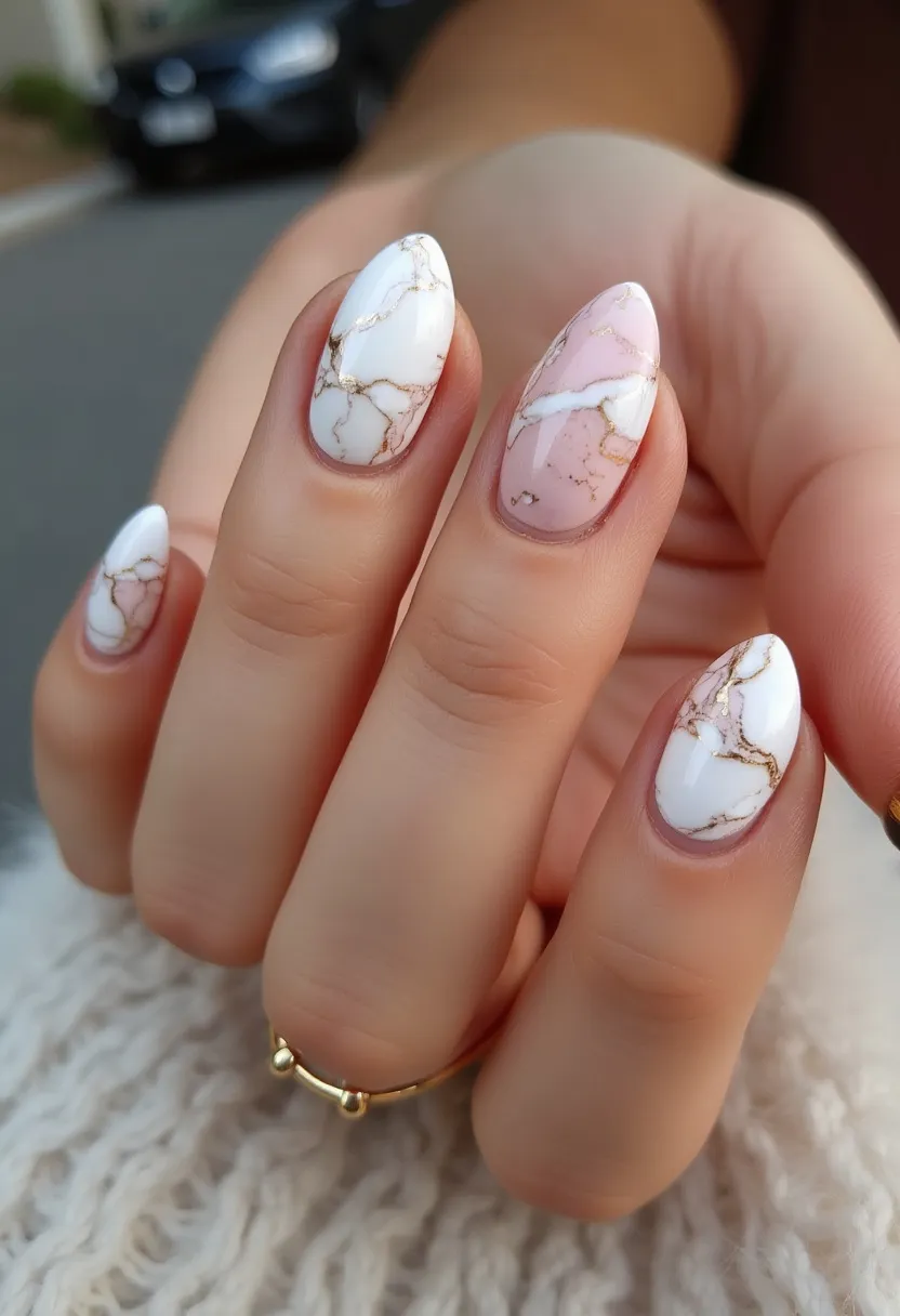 The nail design features an elegant marble pattern, predominantly using a white and light pink color palette accented with delicate gold veining. The nails are shaped in a medium-length almond style, adding a sophisticated and subtle point to each fingertip. This design likely utilizes acrylic treatment, ensuring durability and a glossy finish. The intricate marbling effect, combined with the polished sheen, suggests a meticulous and high-quality application method. The gold veining adds a luxurious touch, making this design well-suited for special events or festive occasions, reflecting a sophisticated and timeless aesthetic.