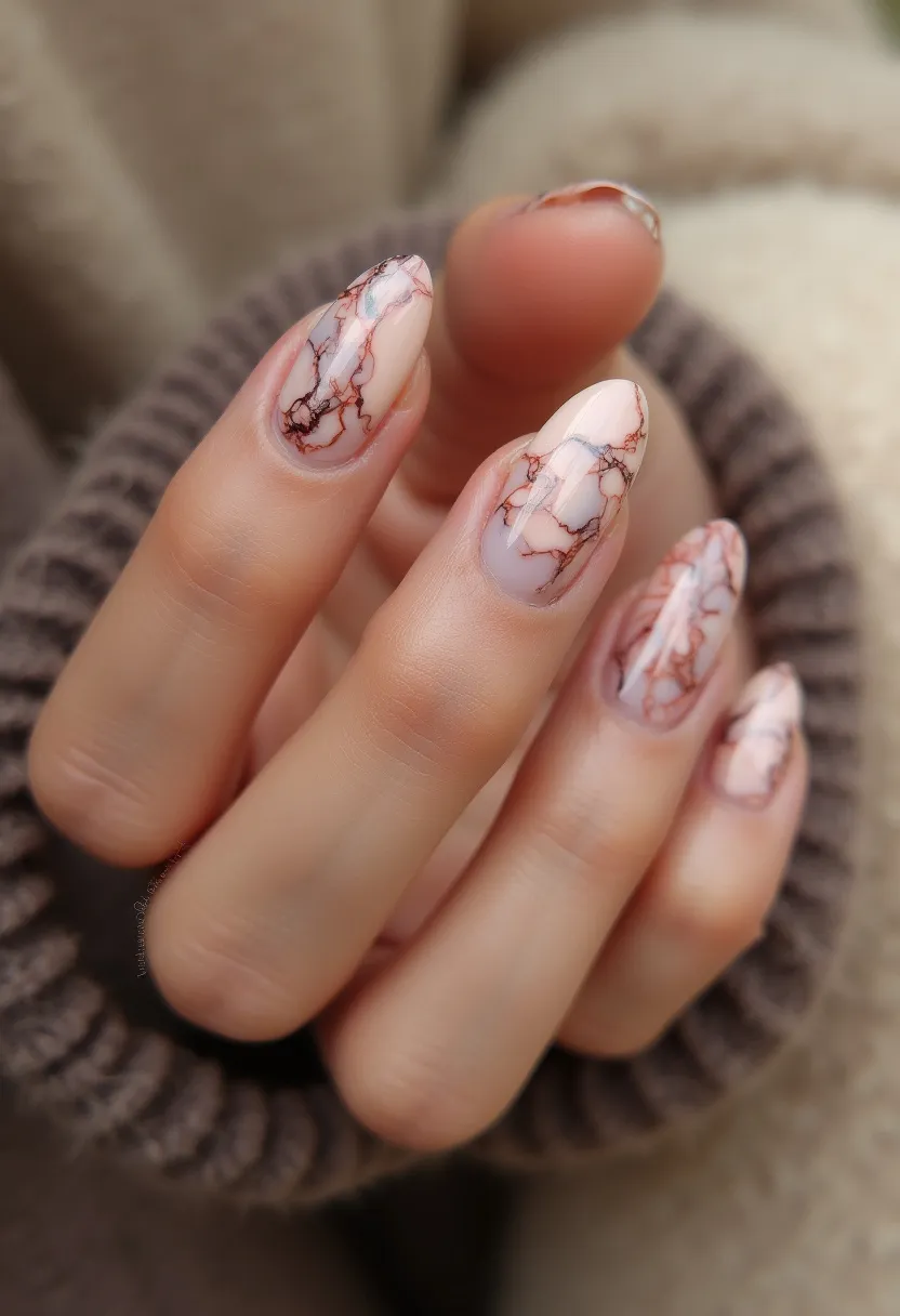 The nail design showcases a sophisticated marble effect with a predominantly nude color palette, complemented by intricate reddish-brown veining that mimics the natural appearance of marble stone. The nails are almond-shaped, providing an elegant canvas for the detailed pattern. The nail treatment appears to be gel, given the glossy finish and smooth texture. This design combines subtlety and luxury, making it suitable for both everyday wear and special occasions such as weddings or evening events. The marble design, with its natural and earthy tones, harmonizes well with fall or winter seasonal themes, bringing an element of understated elegance to the nails.