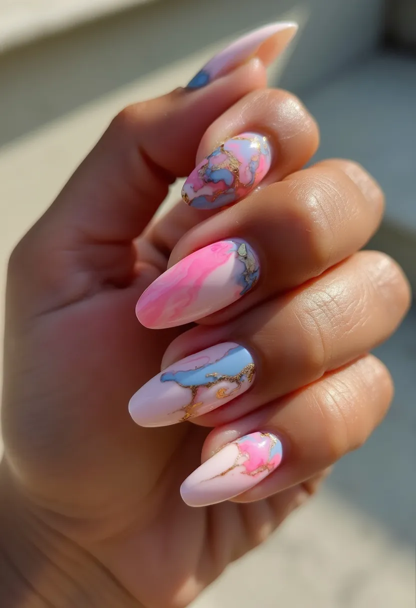 The nail design features a stunning marbled effect with a color palette that includes soft pinks, blues, and hints of white, accentuated with gold veins that mimic the natural look of polished stones. The nails are shaped in a long almond style, adding an elegant and elongated appearance to the fingers. Given the smooth, glossy finish and detailed artwork, it is likely that a gel or shellac treatment was used to achieve both durability and a polished sheen. The intricate marbled pattern with delicate gold accents gives the design a luxurious and artistic feel. This design would be suitable for a variety of occasions, from everyday wear to special events, and its pastel tones make it particularly fitting for the spring season.