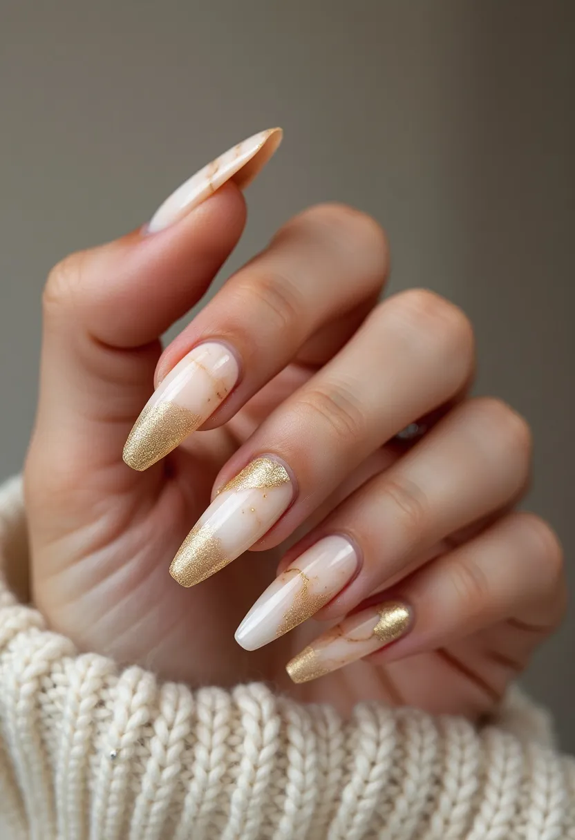 This nail design features a harmonious color palette predominantly consisting of soft nude and gold shades, creating an elegant and luxurious look. The nails are shaped in a long, almond style, offering a sophisticated and elongated appearance. Intricate patterns are evident, with shimmering golden tips and subtle marbling, which brings a touch of glamour and opulence. The nail treatment used appears to be gel, providing a smooth, glossy finish and long-lasting durability. The design's refined gold accents and neutral tones make it suitable for seasonal themes such as autumn or special occasions like weddings or festive gatherings. The overall aesthetic exudes refinement and delicate artistry.