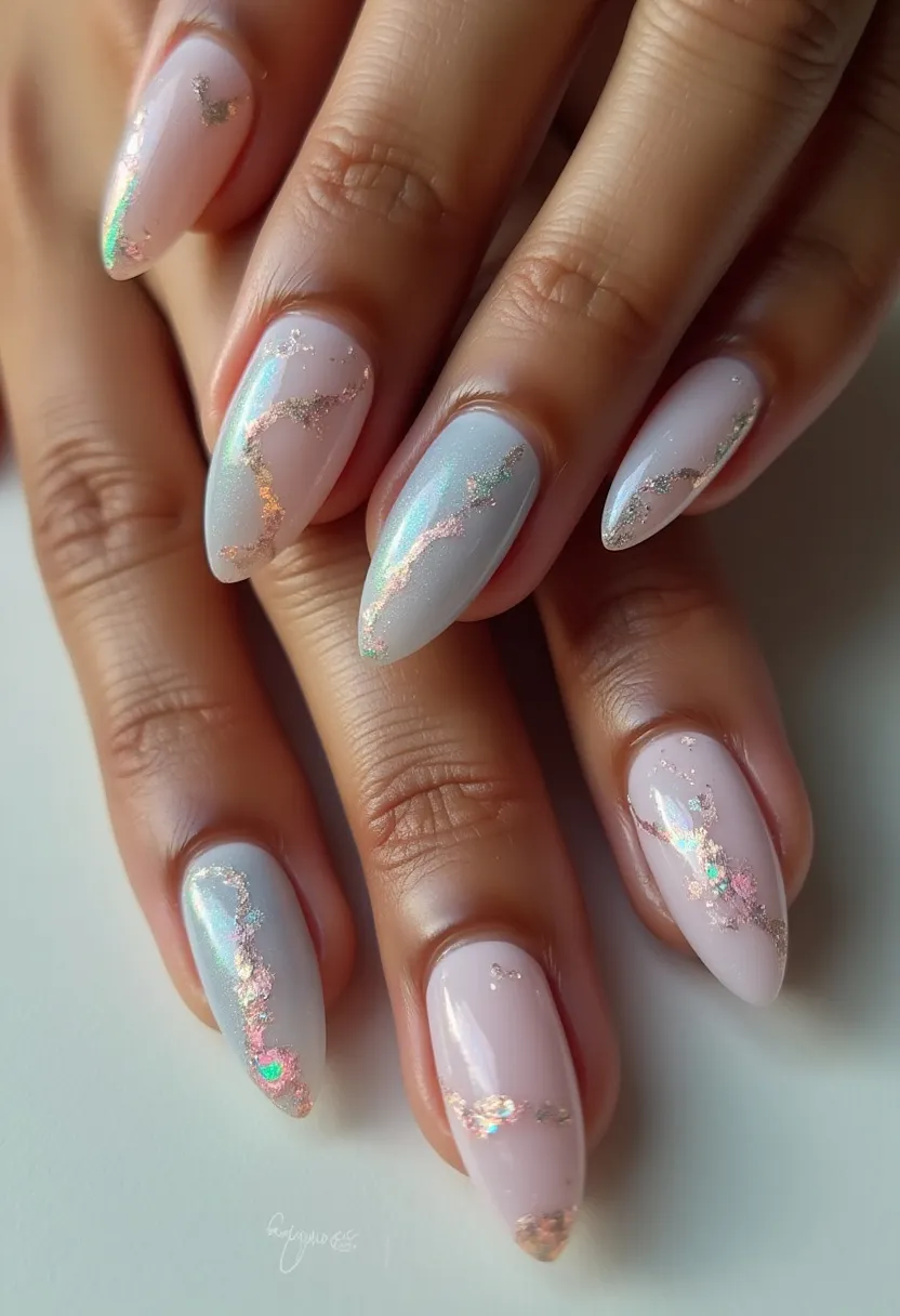 The nail design features an elegant color palette predominantly consisting of soft pastel shades, such as light pink and iridescent blue. The nails are shaped into an almond silhouette, offering a sleek and elongated appearance. They are adorned with intricate, vein-like patterns of gold foil or holographic detailing, creating an ethereal and luxurious look. The treatment appears to be a gel application, giving the nails a smooth and glossy finish. This design exudes a refined aesthetic, ideal for brides or formal occasions, and adds a touch of sophistication suitable for a variety of seasonal themes.