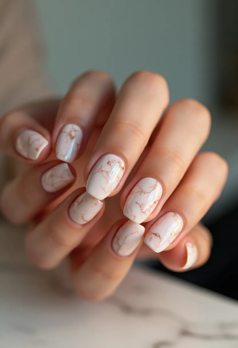 The nail design features a soft, elegant palette with a base color of creamy white, accented with delicate marbling in shades of light brown and pale pink. The nails are medium-length with a squared shape, contributing to a sophisticated appearance. The intricate marbled pattern resembles natural stone, giving a luxurious feel to the overall look. This design appears to be created using gel polish, which provides a glossy and smooth finish. The marbling effect adds a unique and artistic touch, making it suitable for both everyday wear and special occasions. The light, neutral colors would be particularly fitting for spring or summer seasons, accentuating a chic and polished style.